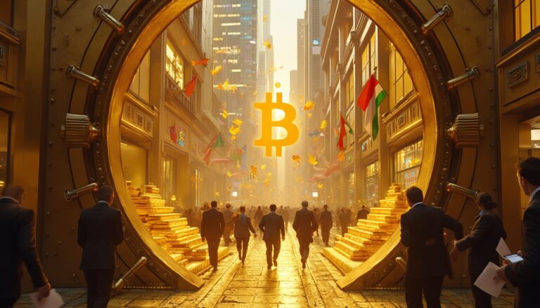 People walk through a giant vault lined with gold bars, leading to a Bitcoin symbol in the distance.