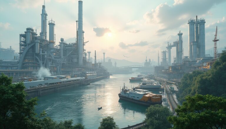 Futuristic industrial cityscape with tall structures, river, and boats under a setting sun.