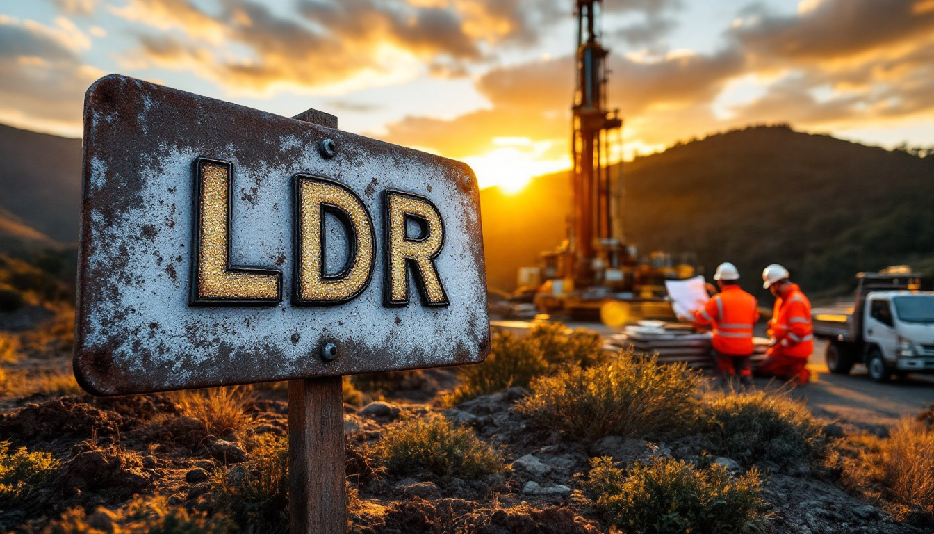 Lode Resources Ltd-LDR-Rustic sign with "LDR"; two workers in safety gear stand near drilling equipment at sunset.