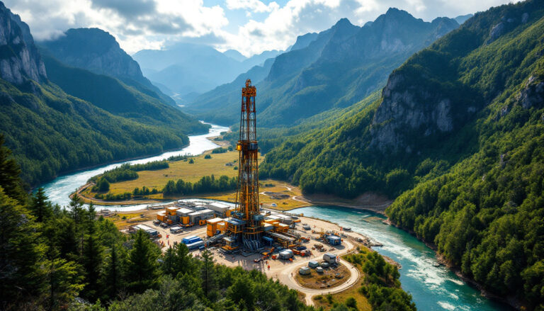 Lode Resources Ltd-LDR-Oil rig in a lush mountainous landscape next to a winding river under a partly cloudy sky.