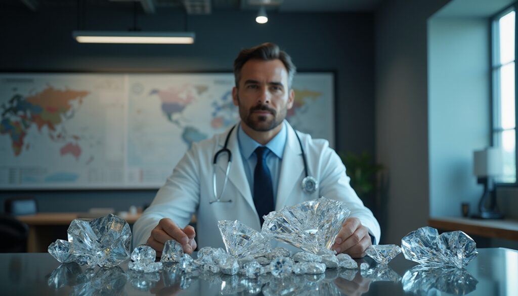 Doctor examining large diamonds on a desk in a modern office setting.