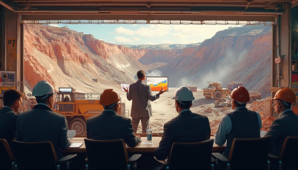 Business presentation overlooking a mining site, with workers in helmets observing.