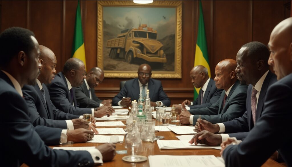 Business meeting with nine men around a table, a painting of a truck in the background.