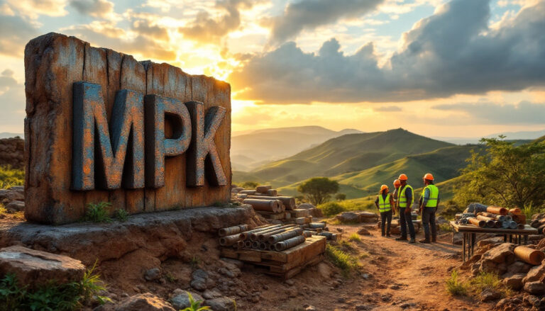 Many Peaks Minerals Ltd-MPK-Workers in safety gear stand near a large "MPK" sign, set against a scenic mountainous backdrop.