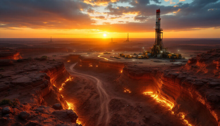 Matsa Resources Ltd-MAT-Sunset over desert landscape with oil rigs and glowing canyon edges.