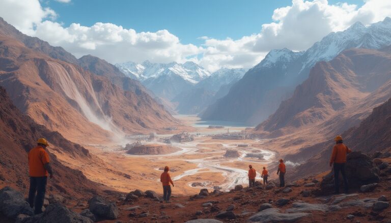 Workers in orange safety gear overlooking a mountainous valley with a winding river.