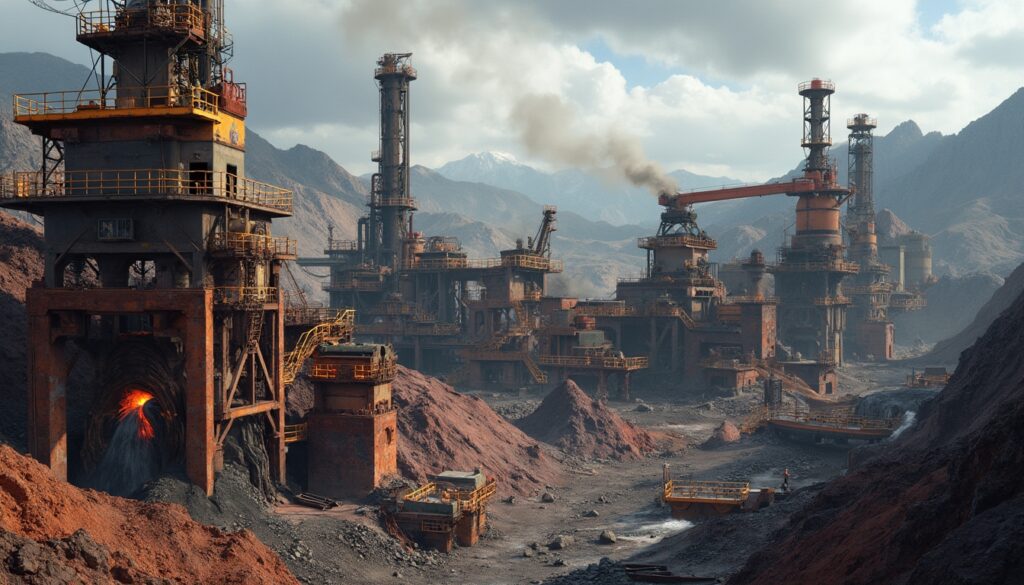 Industrial complex with tall chimneys emitting smoke amidst rugged, mountainous terrain.