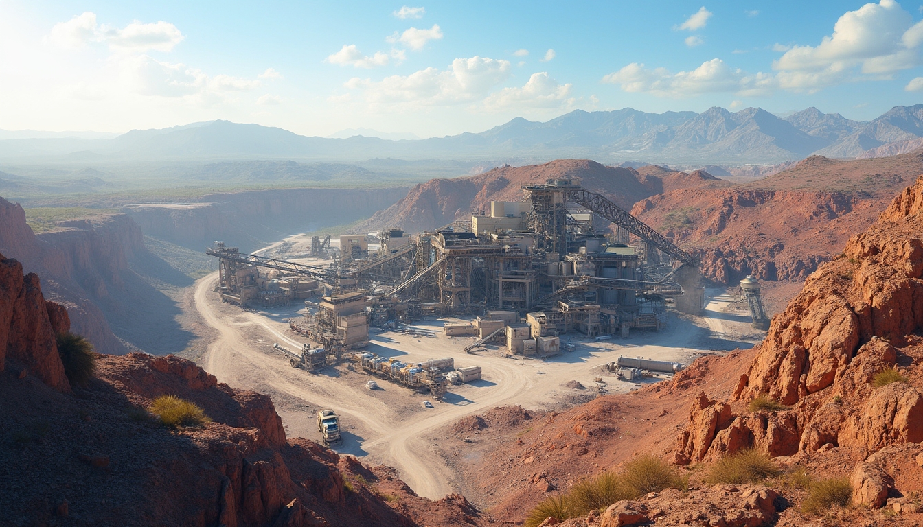 Mining facility surrounded by red rock formations and distant mountains under a blue sky with clouds.