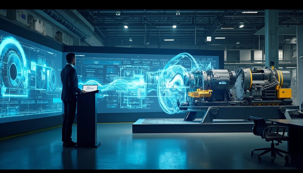 Man in suit presents futuristic engine with holographic display in an industrial setting.