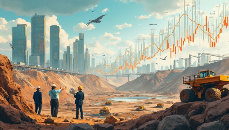 Four engineers overlook a futuristic cityscape with graphs and excavators in a desert landscape.