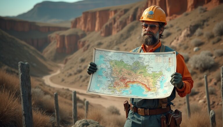 Man with map in mining area.