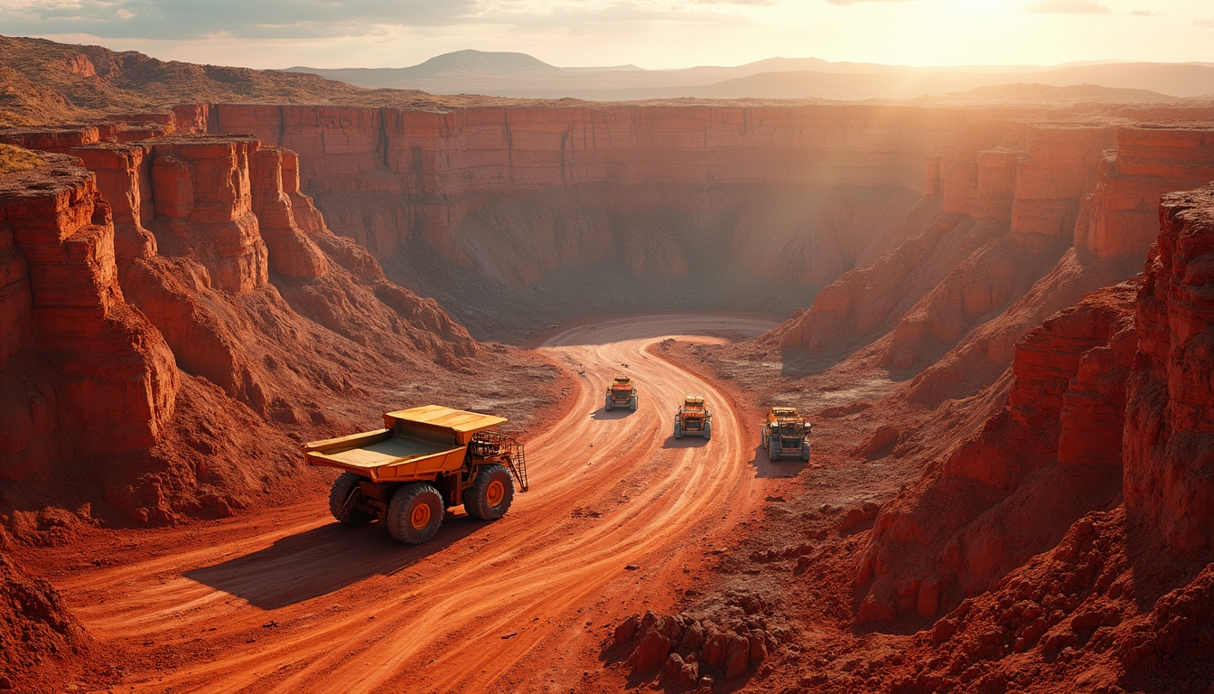 Mining assets with trucks in canyon.