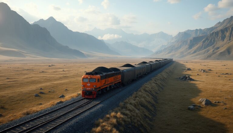 Orange train carrying coal through a vast, mountainous landscape under a blue sky.