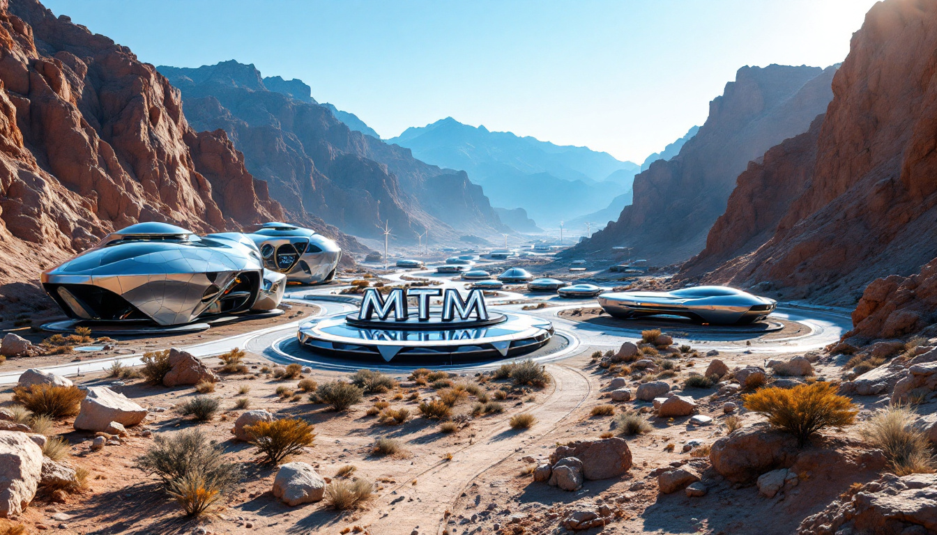 MTM Critical Metals Ltd-MTM-Futuristic cityscape with sleek buildings in a desert canyon under a clear blue sky.