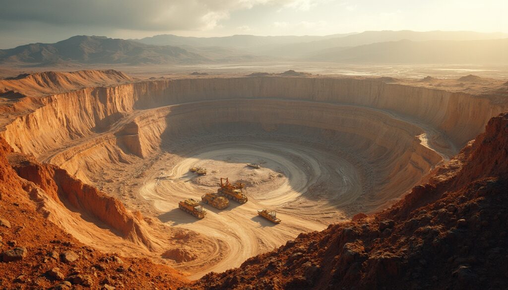 Open-pit mine with heavy machinery amidst vast desert landscape under cloudy sky.