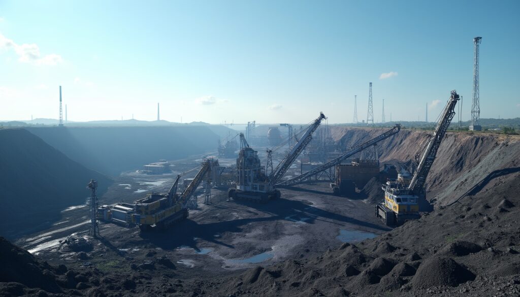 Open-pit mine with large excavators and machinery under a clear blue sky.