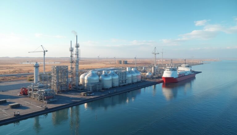 Industrial facility by the sea with a docked red ship, surrounded by tanks and cranes.