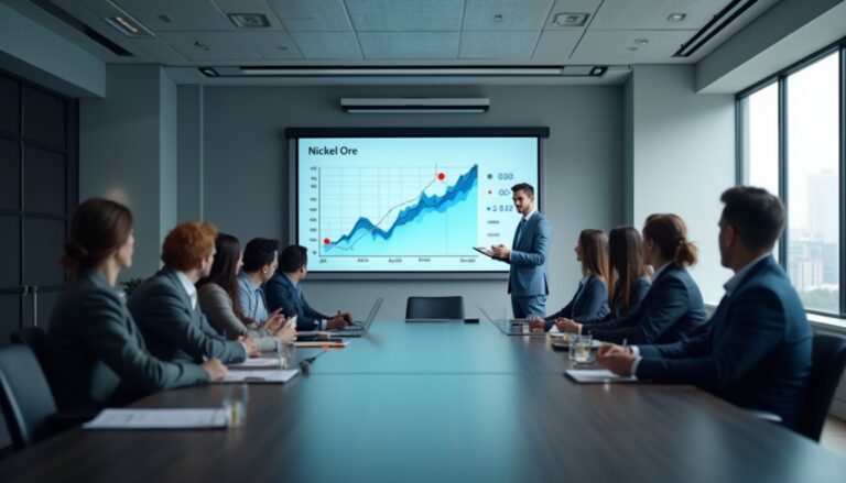 Business meeting with a presentation on nickel ore market trends shown on a screen.