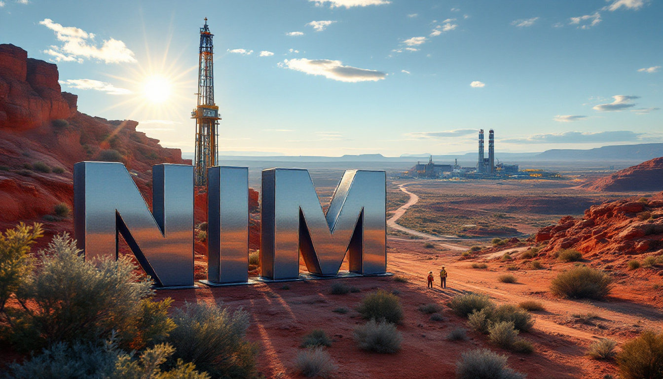 Nimy Resources Ltd-NIM-Large metallic letters "NIM" in a desert landscape with a drilling rig and two people nearby.