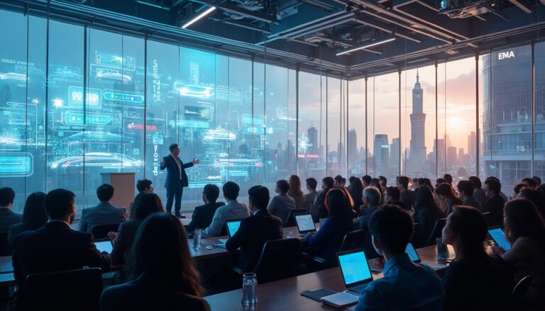 Conference room with a speaker, digital holograms, and city skyline backdrop.