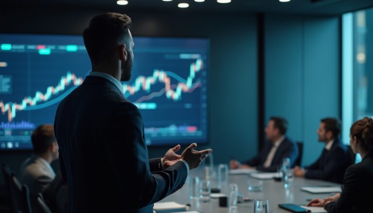 Businessman presenting financial charts to colleagues in a dimly lit conference room.