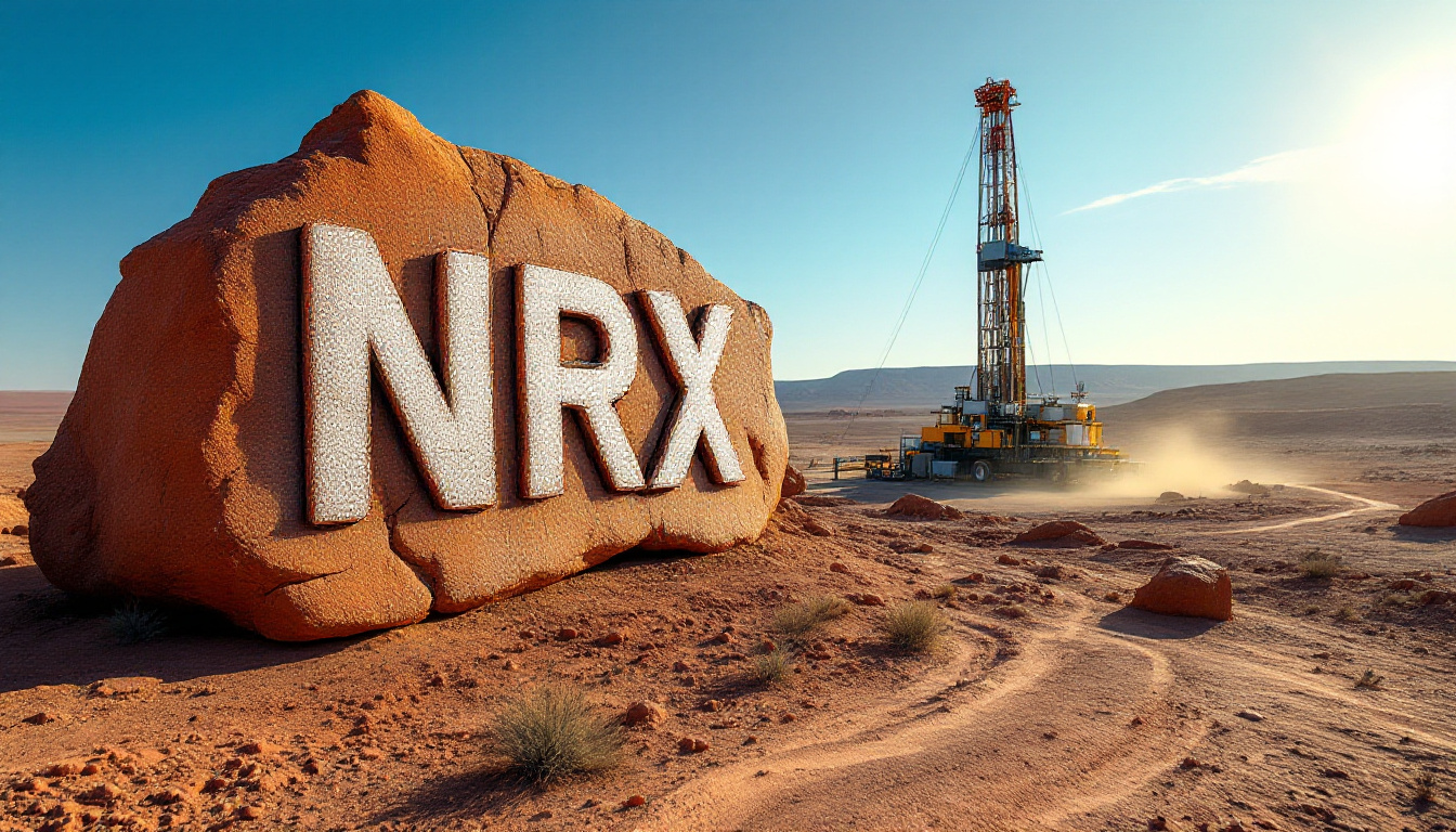 Noronex Ltd-NRX-Large rock with "NRX" in a desert; drilling rig in the background with blue sky and light dust.