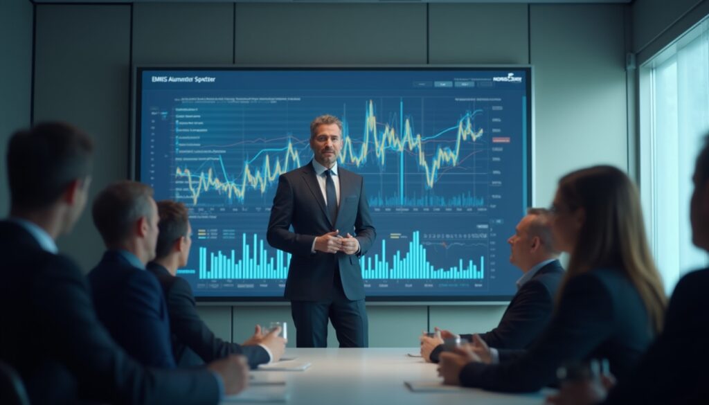 Business meeting with a presenter explaining data charts on a large screen.