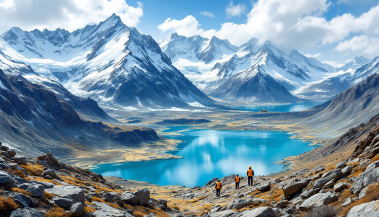 Nova Minerals Ltd-NVA-Hikers overlook a serene turquoise lake surrounded by snowy mountains under a partly cloudy sky.