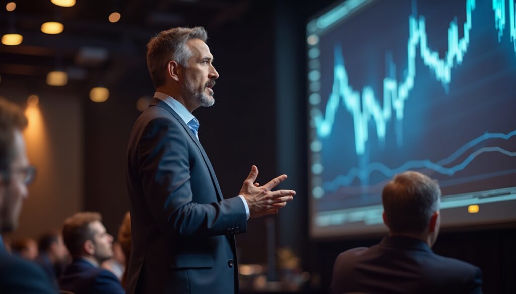 Man in suit presenting financial data on a large screen to an audience.