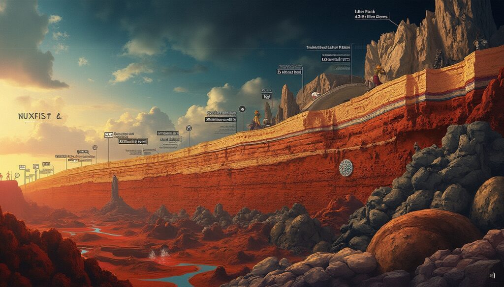 Futuristic landscape with layered cliffs, glowing signs, streams, and silhouetted explorers.