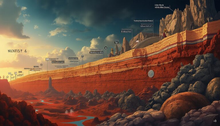 Futuristic landscape with layered cliffs, glowing signs, streams, and silhouetted explorers.