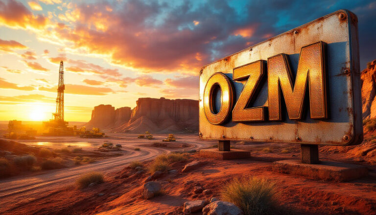 Ozaurum Resources Ltd-OZM-Desert landscape at sunset with "OZM" sign and oil drilling rig in the background.