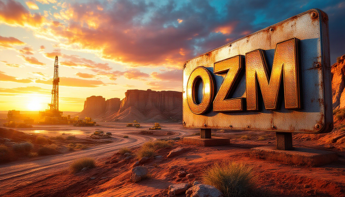 Ozaurum Resources Ltd-OZM-Desert landscape at sunset with "OZM" sign and oil drilling rig in the background.