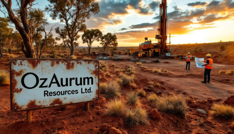 Ozaurum Resources Ltd-OZM-Mining site at sunset with OzAurum Resources sign and workers examining plans.