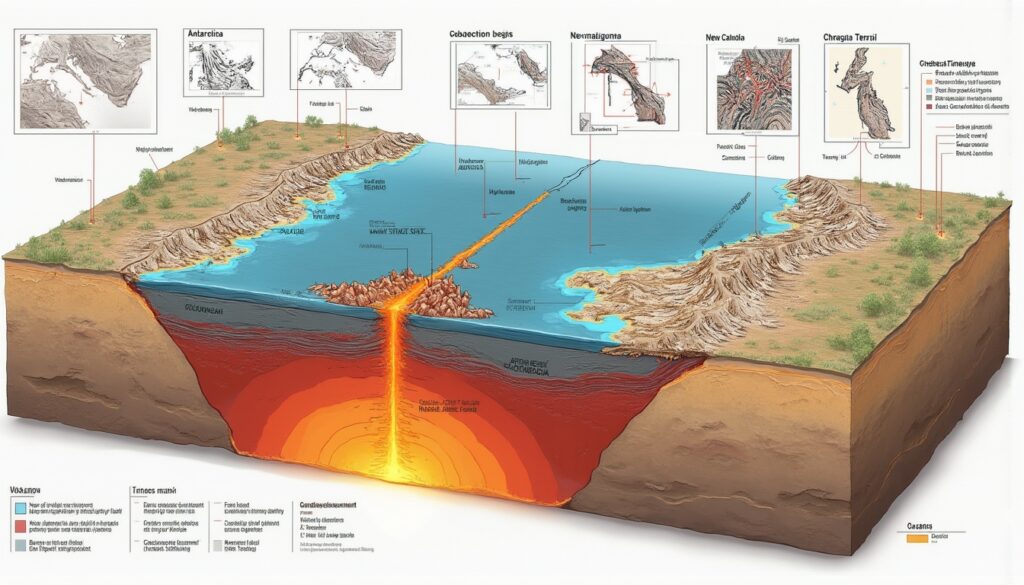 Cross-section illustration of underwater volcanic ridge and tectonic plates with geological maps.