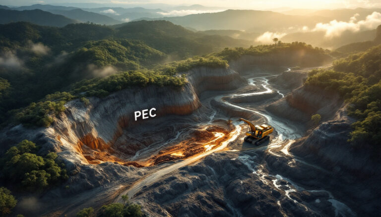 Perpetual Resources Ltd-PEC-Excavator in a large sunlit quarry, surrounded by lush green hills and a misty sunrise.