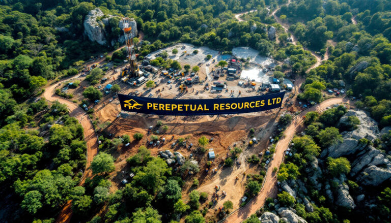 Perpetual Resources Ltd-PEC-Aerial view of a mining site surrounded by lush forest with a sign for "Perepetual Resources Ltd."