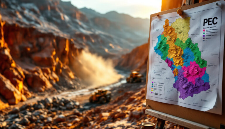 Perpetual Resources Ltd-PEC-Colorful map on an easel overlooking a rocky canyon with construction vehicles below.