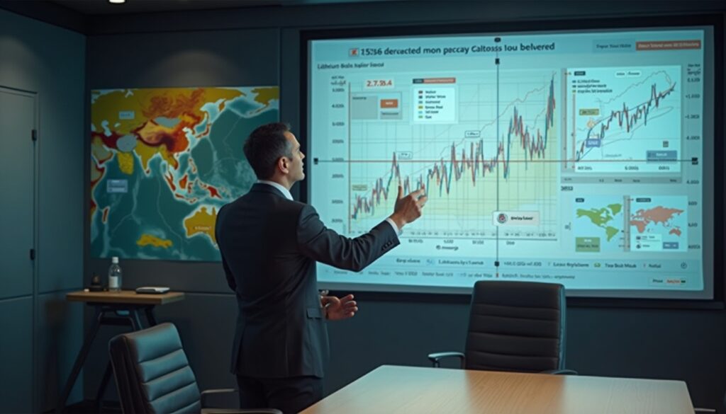 Man in suit presenting charts on a large screen in a conference room.