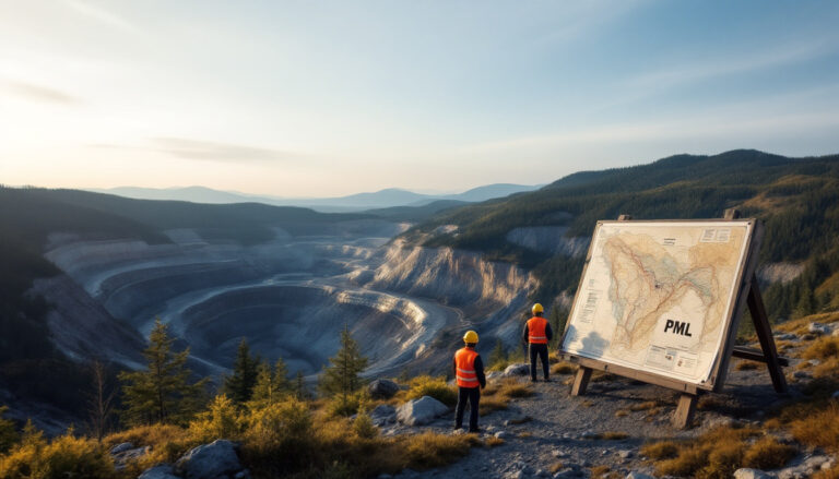 Pivotal Metals Ltd-PVT-Two workers overlooking a vast quarry, large map on a stand in the foreground, mountain backdrop.