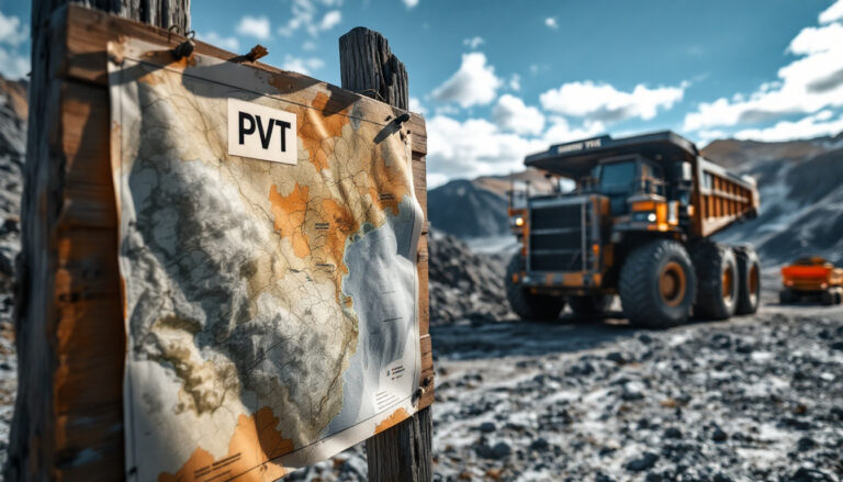 Pivotal Metals Ltd-PVT-Map with "PVT" pinned on a wooden post, with mining truck in the rocky background.