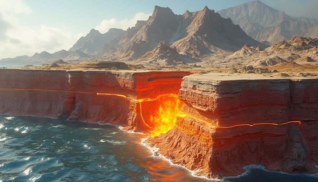 Volcanic landscape with glowing lava flow.