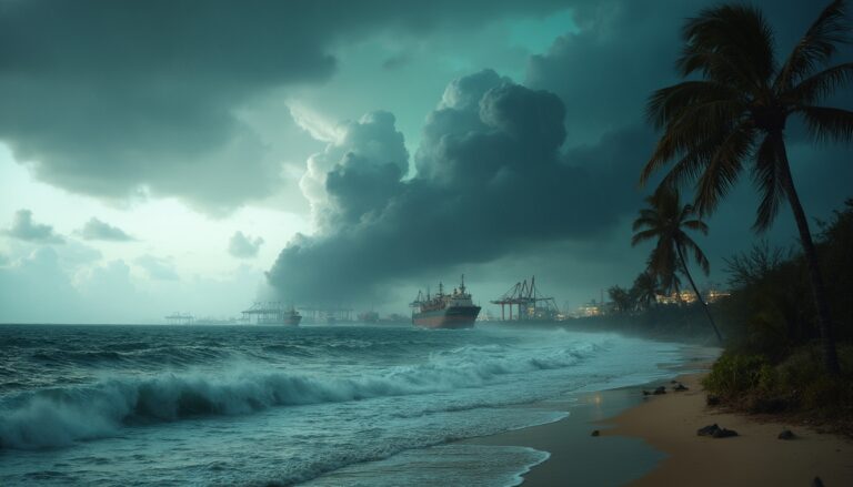 Stormy beach with palm trees, large waves, and ships near a port under dramatic, dark clouds.