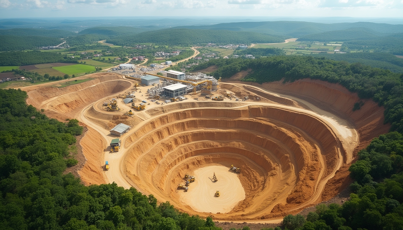 Aerial view of large, terraced open-pit mine surrounded by greenery and distant countryside.