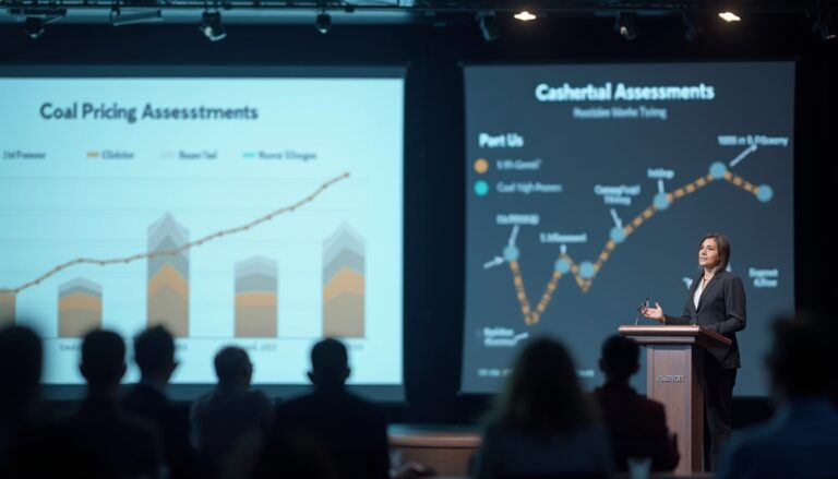 Person presenting data on coal pricing and casherbal assessments to an audience in a dimly lit room.