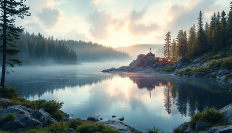 Prospech Ltd-PRS-Serene lakeside morning with mist, pine trees, and a cozy cabin on a rocky hill reflecting in water.