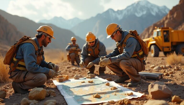 Geologists examine maps for gold prospects.