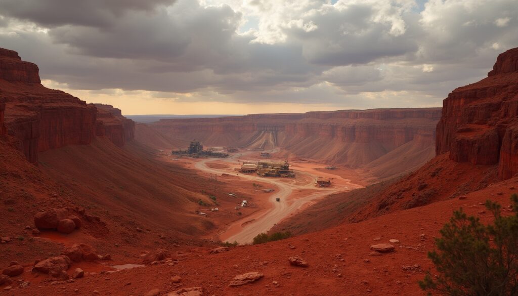 Rugged red landscape, mining site, Western Australia.