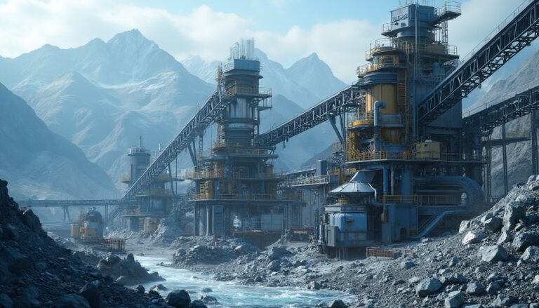 Industrial site amid mountainous landscape.