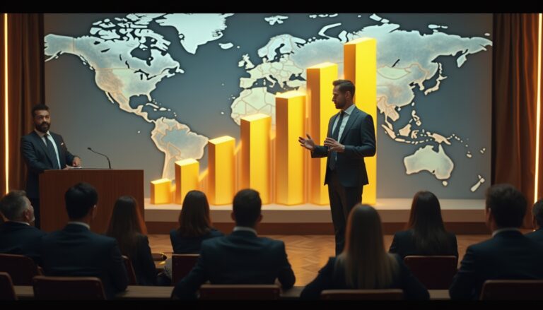 Business presentation with bar graph and world map background. Audience seated facing presenters.